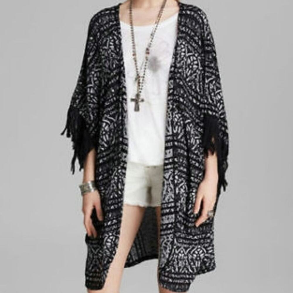 Free People Black Tribal Pattern Fringe Kimono Cardigan Sweater